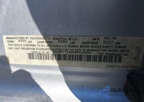 2006 Volkswagen Jetta Tdi from USA, damaged, VIN 3VWRT71K66M012891